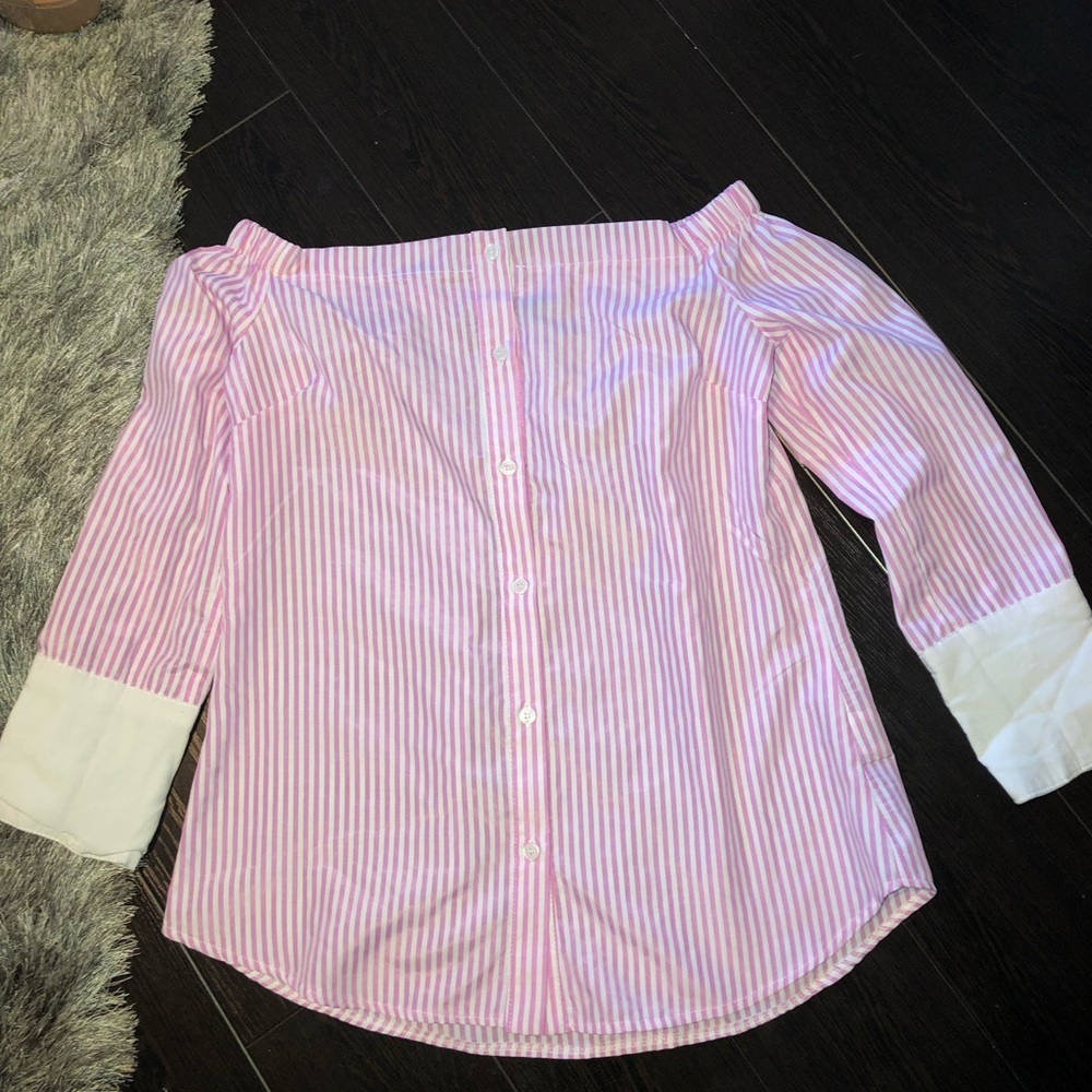 Off Shoulder Pink and White Striped Shirt 👚 Med